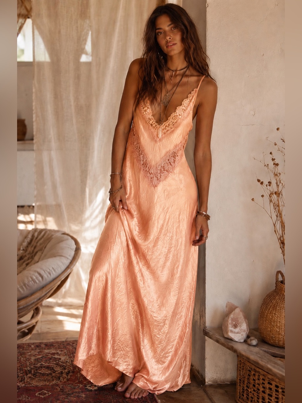 Free People Formal Salmon Orange Lace Slip Maxi Dress Open Back Wedding guest